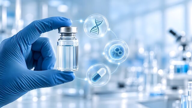 Scientist hand in blue glove holding medical vial with glowing DNA, cell, and pill icons in laboratory for biotechnology and pharmaceutical research