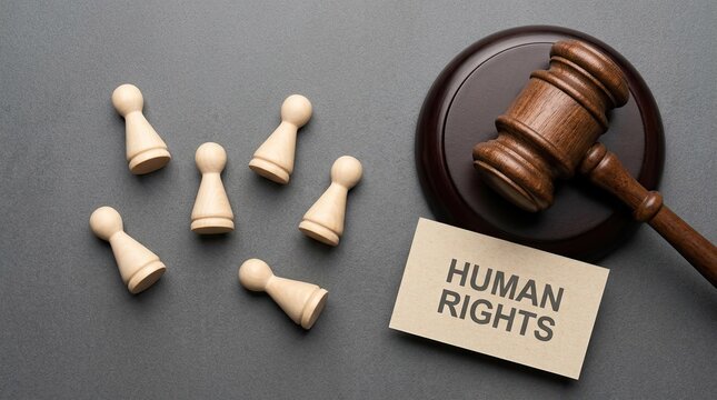 Justice concept with chess pieces and a gavel representing human rights and legal proceedings