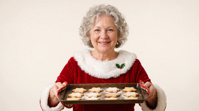 Smiling senior woman dressed as mrs claus holding a baking sheet of starshaped christmas cookies isolated on white background