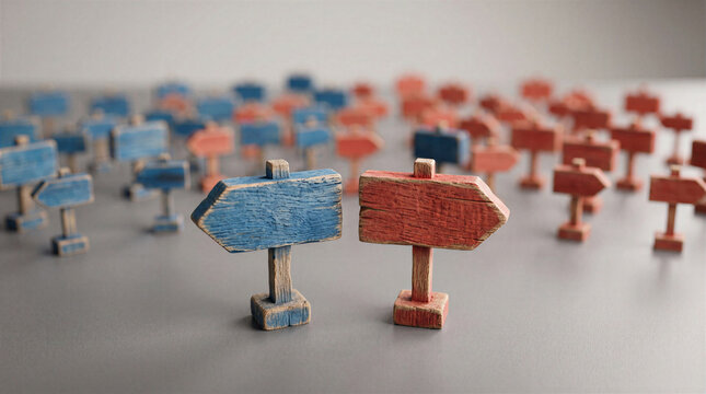 Two wooden signposts, one blue and one red, facing opposite directions with many blurred signs in the background