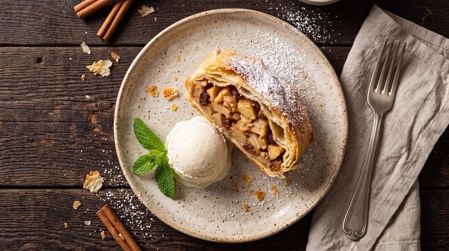 Delicious apple strudel served with vanilla ice cream on a wooden table