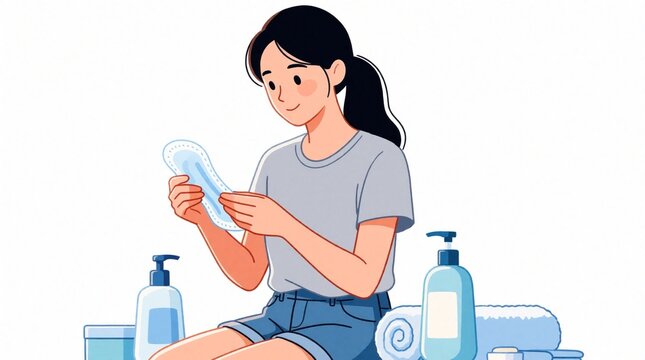 Young woman holds sanitary pad for menstrual care. Female user manages period hygiene products near soap, towels. Pastel illustration of girl using feminine hygiene items in bathroom for daily health
