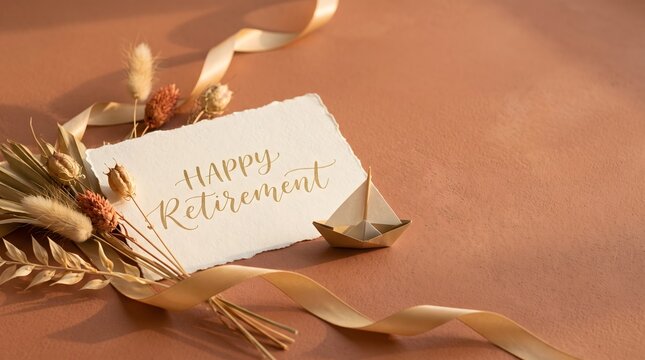 Happy retirement card with small paper boat, dried palm leaves, and ribbon on terracotta surface. Perfect for farewell and new journey concepts.