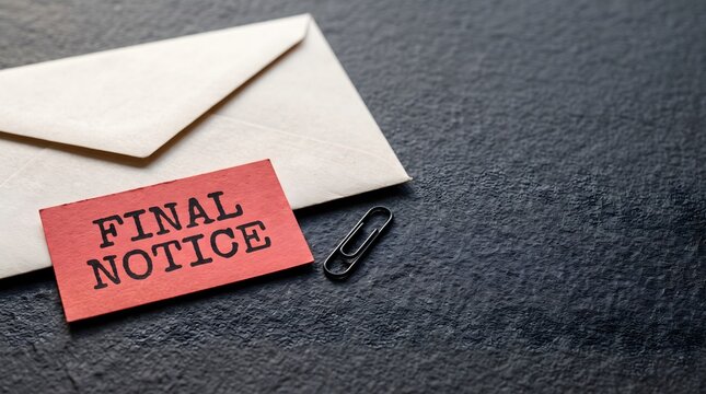 Red final notice card with envelope and paperclip on dark textured table. Ideal for debt collection, overdue bills, and urgency concepts.