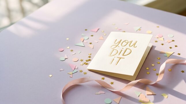 You did it congratulatory card with gold lettering, pastel confetti, stars, and ribbon. Perfect for graduation, success, and achievement.