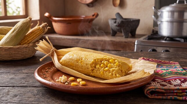 Freshly prepared tamale on a wooden plate in a rustic kitchen setting