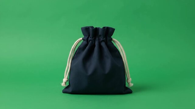 Dark Blue Cloth Drawstring Pouch Closing On Green Background