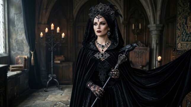 Regal dark queen in black gown holding staff in castle.