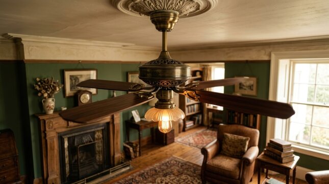 Traditional vintage living room with ornate wooden ceiling fan