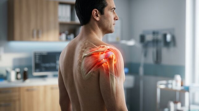 Male patient showing glowing red shoulder joint pain area.