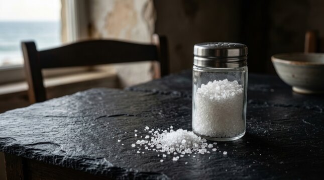 Glass salt shaker with spilled sea salt on dark stone.