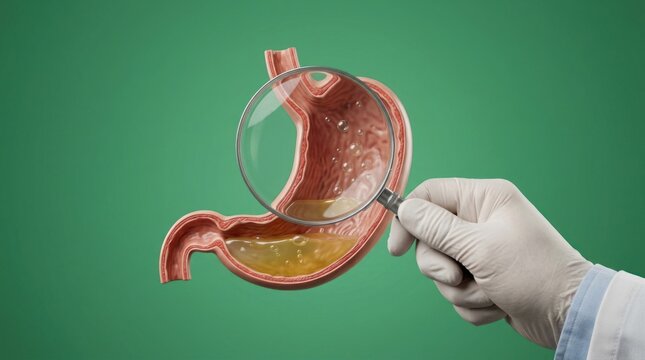 Magnifying glass examining human stomach internal anatomy health illustration.