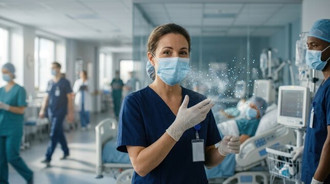 Female doctor wearing mask and scrubs in hospital environment.