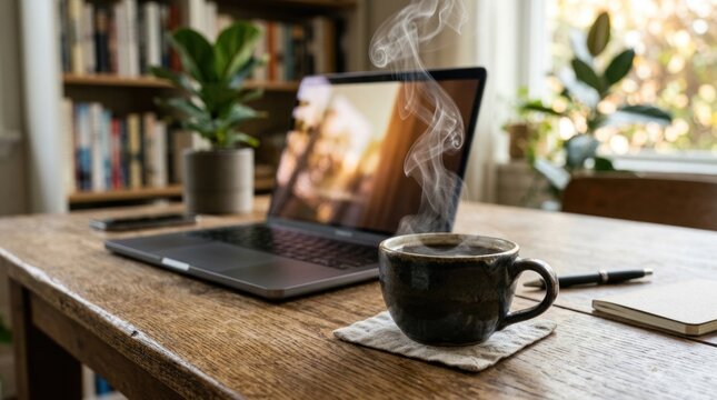Laptop and steaming coffee cup on rustic wooden table.