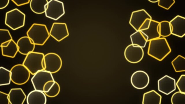 Glowing geometric outlines drift around a dark central field in an abstract animated design