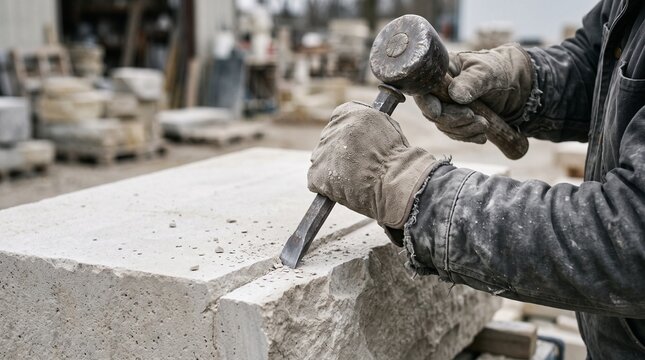 Stonemason carving large block of stone with hammer and chisel in workshop