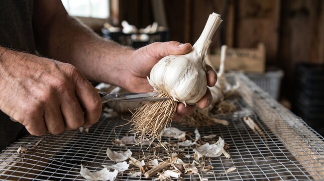 Farmer trimming fresh garlic roots with scissors in agricultural harvest room