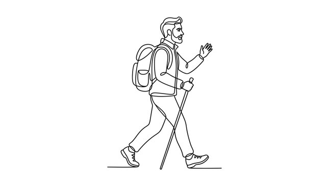 Man hiking with backpack and trekking poles, single line art