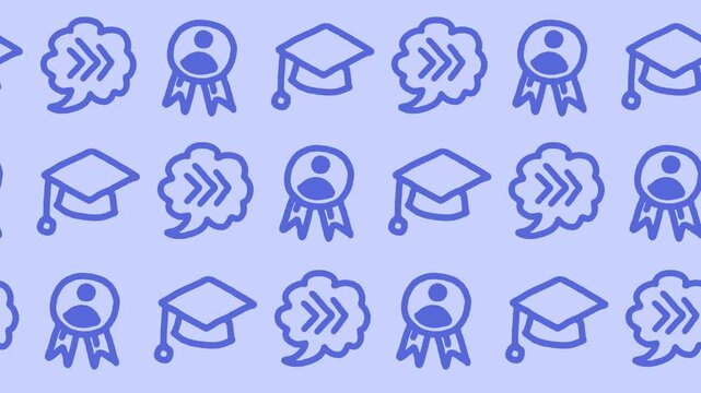 Seamless pattern of hand-drawn online education icons, graduation mortarboard, award ribbon badge, and fast-forward speech bubble in a background animation for e-learning course completion wallpaper.
