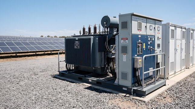 Transformer and inverter unit beside battery storage at solar plant