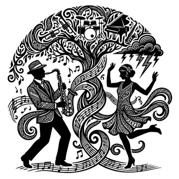 Vintage jazz music party silhouette showing man playing saxophone beside dancing flapper woman under melodic tree branches bearing instruments storm cloud and notes
