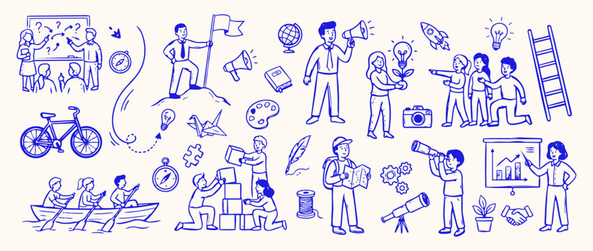Set of Business Concept Icons: A whimsical collection of blue-ink doodle illustrations depicts various business concepts, including teamwork, leadership, innovation, and achievement.