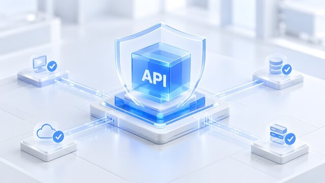 Glowing API cube protected by a transparent shield connecting to cloud database and server icons representing secure software integration and data network protection