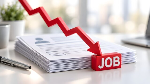Red downward arrow crashing into a job sign on top of a stack of resumes representing unemployment economic recession layoffs and career crisis
