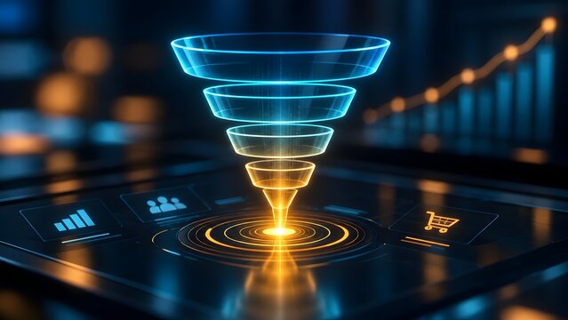 Glowing digital sales funnel hovering over a tablet screen with shopping cart and analytics icons representing e-commerce marketing strategy and customer conversion process