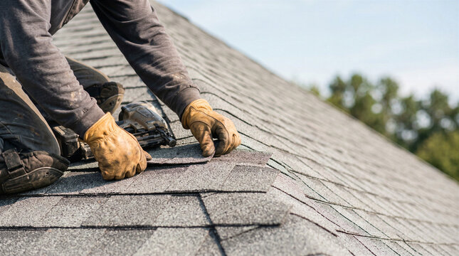 Roofer installing asphalt shingles on a residential roof using a pneumatic nail gun for home improvement and construction work