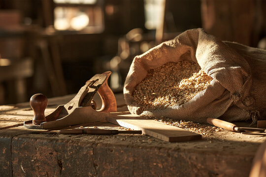Plane And Grain Sack On Mill Bench