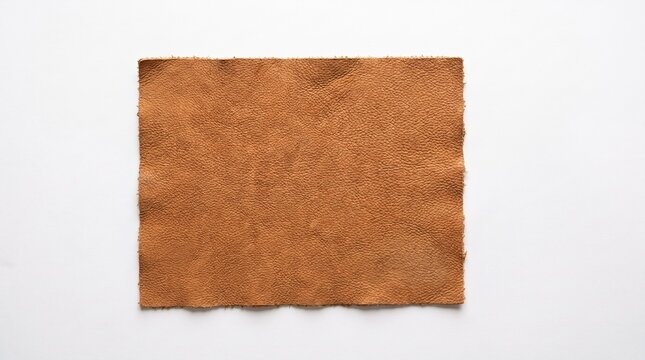 Buff Leather Swatch On White Background With Visible Grain Texture And Frayed Edges