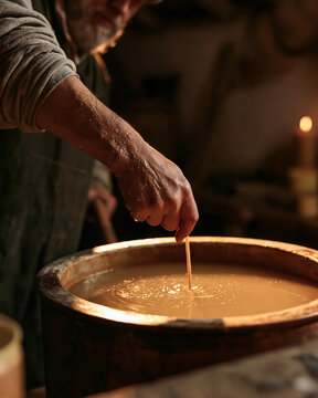 Candlemaker Dipping A Wick Into A Wax Vat