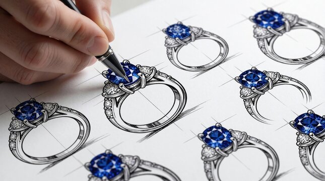 Artist hand uses pen to sketch luxury sapphire ring designs on white paper. Designer draws jewelry sketches with blue gemstones in studio. Professional illustrator creates fine jewelry concept art