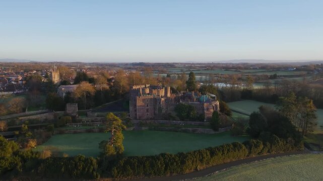 Berkeley Castle from a drone, Berkeley, Cotswolds, Gloucestershire, England, United Kingdom