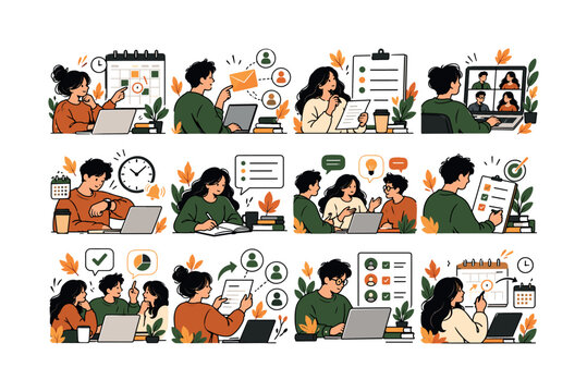 Autumn Meeting Management. Meeting management, scheduling, agendas, invitations, notes, action items, video meetings, timekeeping, and follow-up. 12 minimalist editorial vector scenes: person