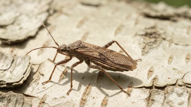 Macro View Of A Winged Insect Folding Its Wings On Tree Bark