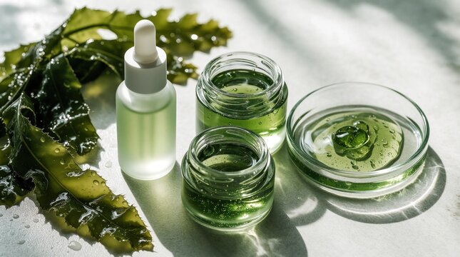 Natural skincare products with green seaweed gel. Glass dropper bottle, small cosmetic jars, clear dish contain organic algae serum. Beauty treatment set on light surface with fresh ocean seaweed.