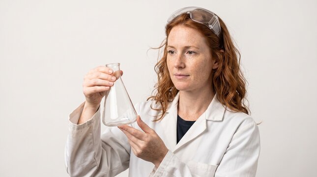 Female scientist holding an empty Erlenmeyer flask in a laboratory setting