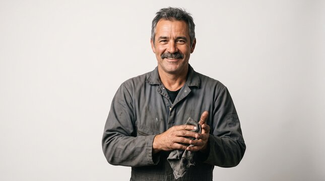 Portrait of a friendly mature mechanic cleaning his hands with a rag in a studio