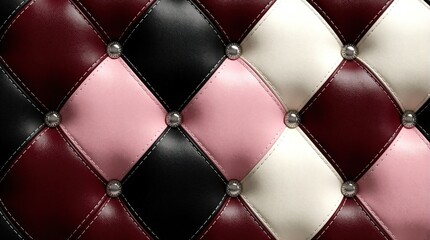 Naklejka premium Red leather upholstery with diamond pattern, decorative buttons. Luxury tufted surface features black cream, pink colors. Stylish geometric texture for modern furniture design. Chic material shows