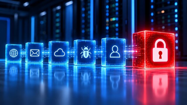 Cyber Security System Blocking Threat Concept With Data Cubes In Server Room