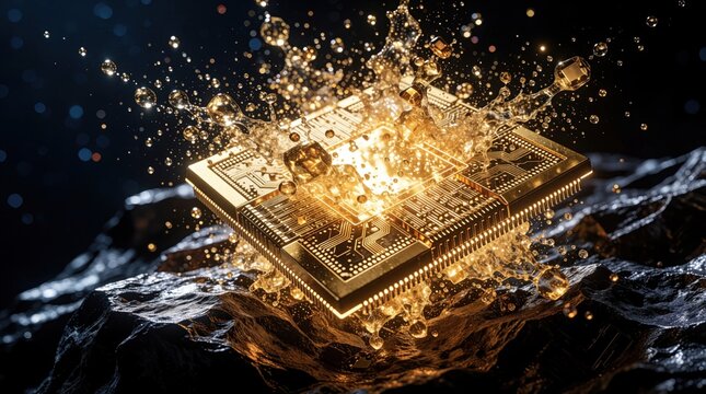 Golden microchip explodes in dark space with liquid splashes. Glowing electronic circuit board breaks apart into tiny particles, bubbles. Futuristic tech hardware disintegrates amidst sparkling