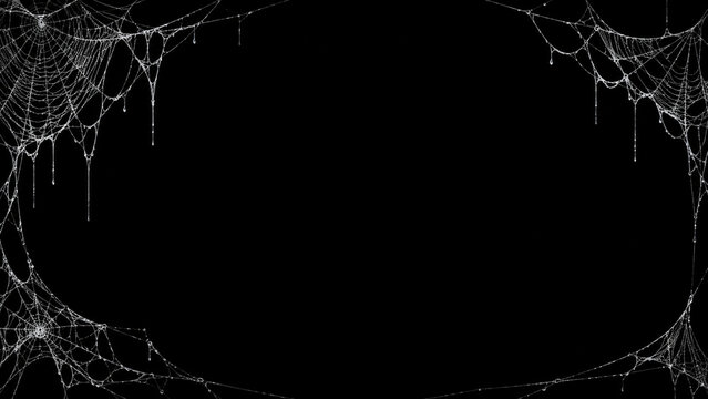 delicate silver spiderweb border framing a deep black background with intricate cobwebs in all four corners