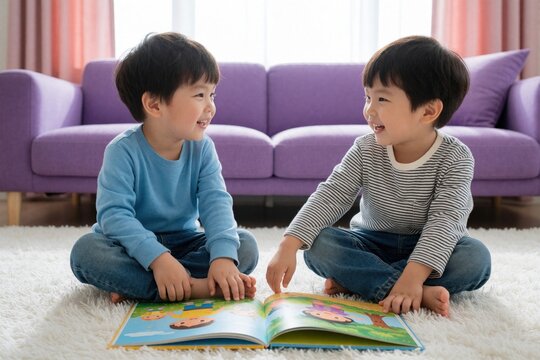 Two young preschool boys sit on white carpet in living room. Happy brothers look at reading open book together. Little kids enjoy playtime, learning at home. Cute siblings share joyful moment with