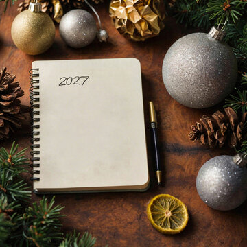 2027 New Years Eve goals resolutions decoration on wooden background