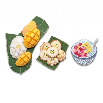 Paper cut art illustration of traditional Thai desserts set including mango sticky rice, coconut pancakes Khanom Krok, and iced Tub Tim Krob on white background

