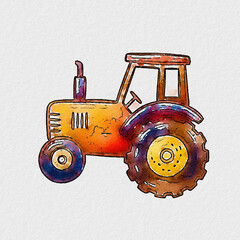 Watercolor illustration of a rustic farm tractor on white background © NOORNABILA