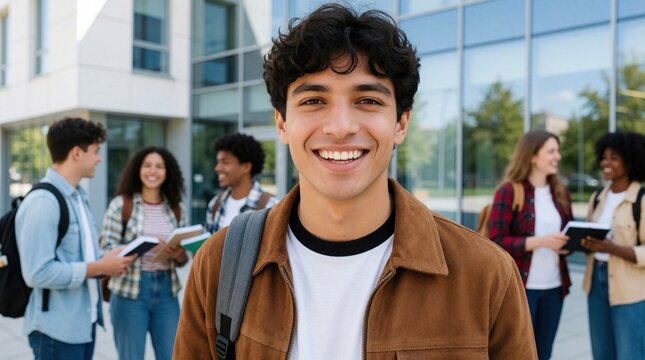 Smiling young Latin male student stands outside college campus. Happy Hispanic man with backpack looks at camera near university building. Group of diverse classmates chat, hold books in background.