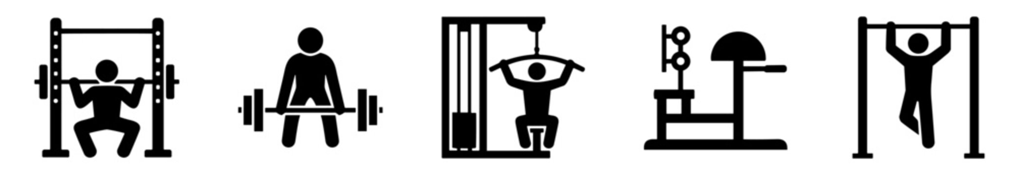 vector illustration of strength training set including squat deadlift pull-down machine pullup on transparent background